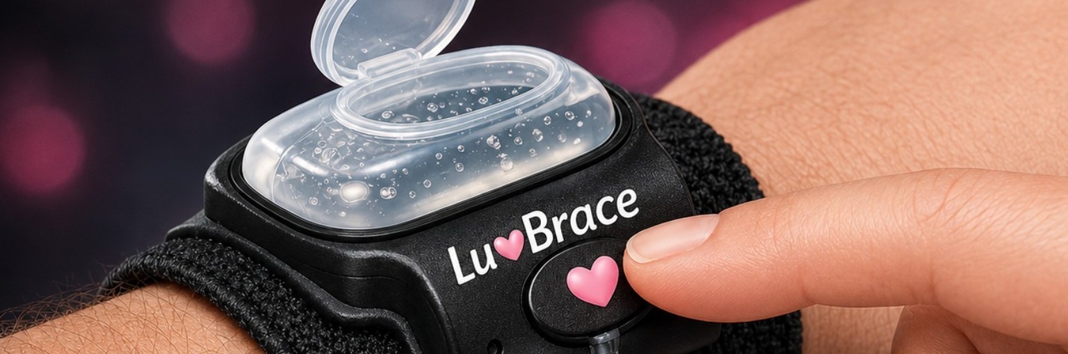 Close-up of a hand pressing the LuvBrace wearable, with the cap open and lubricant visible in the reservoir.