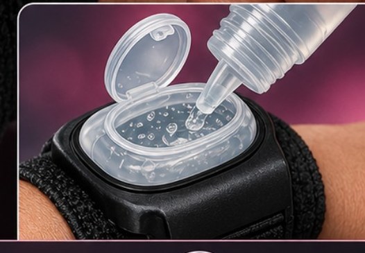Close-up of the LuvBrace reservoir being refilled from a squeeze bottle.